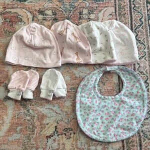 Kissy Kissy Pink & White Baby Hat, Mittens & Floral Bib Set